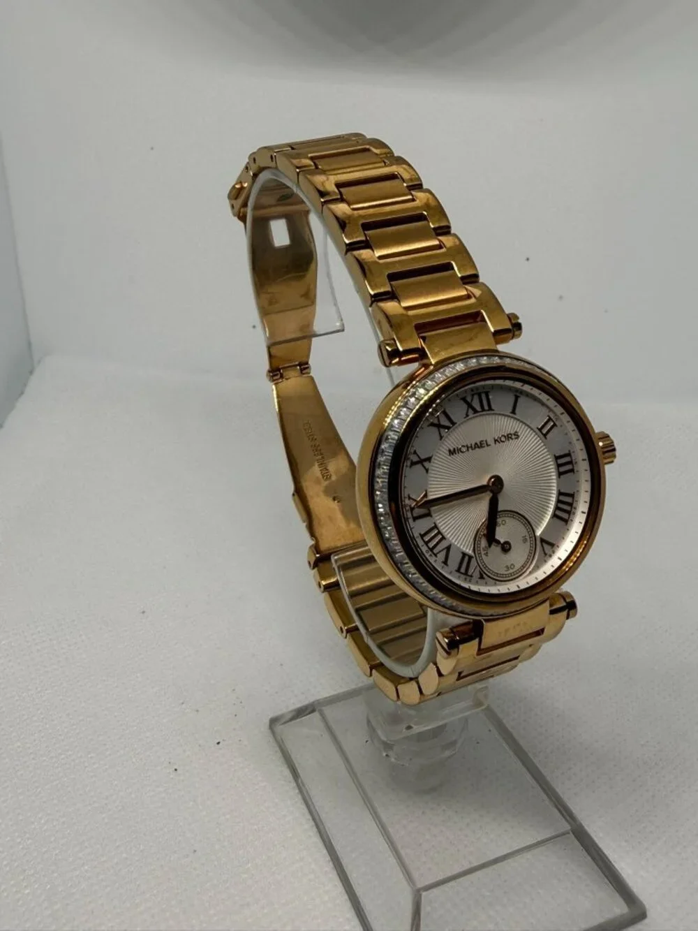 Michael Kors Skylar MK5971 Women Gold Baguette Crystal Roman Numeral 33MM Watch